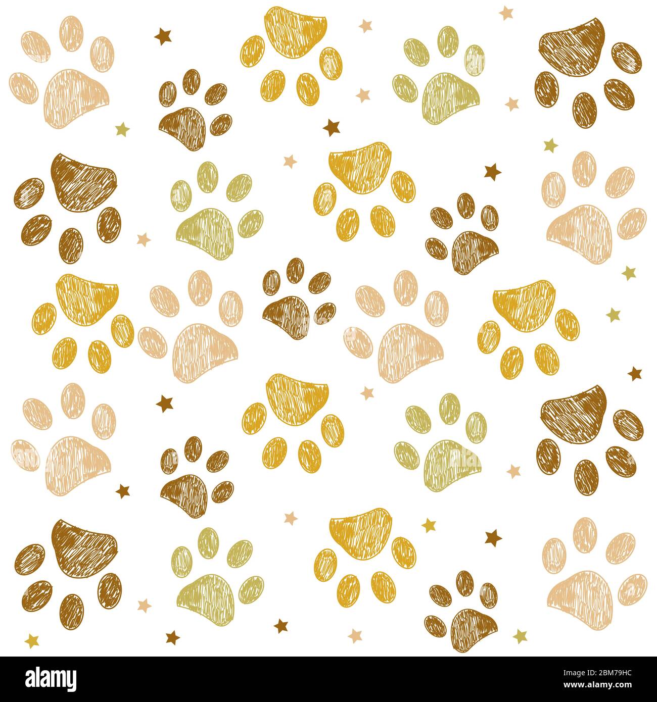 Doodle Paw prints golden colored background. Stock Vector