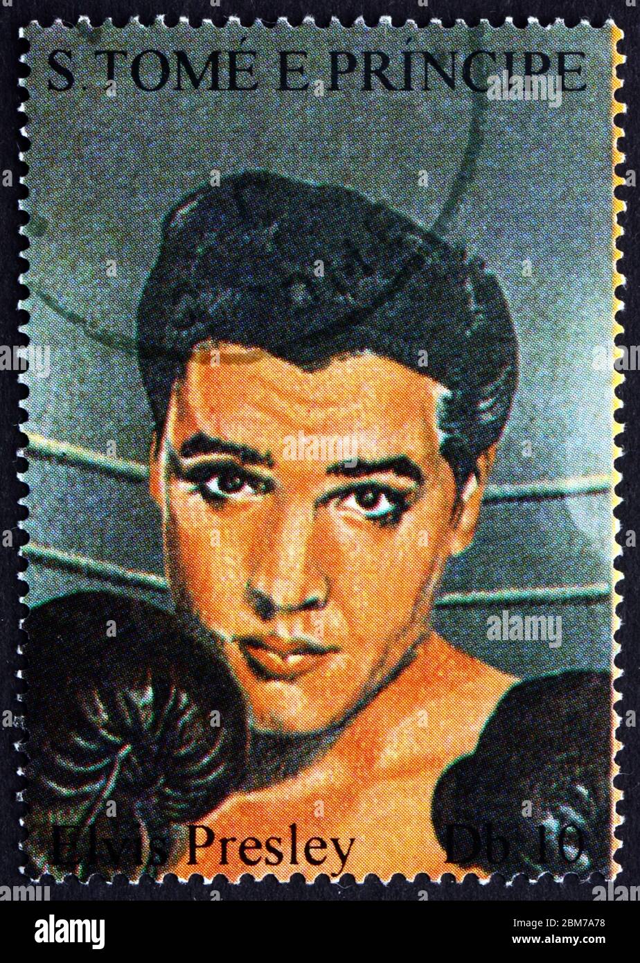 SAO TOME AND PRINIPE - CIRCA 1994: a stamp printed in Sao Tome and Principe shows Elvis Presley, portrait, was an American singer and actor, circa 199 Stock Photo