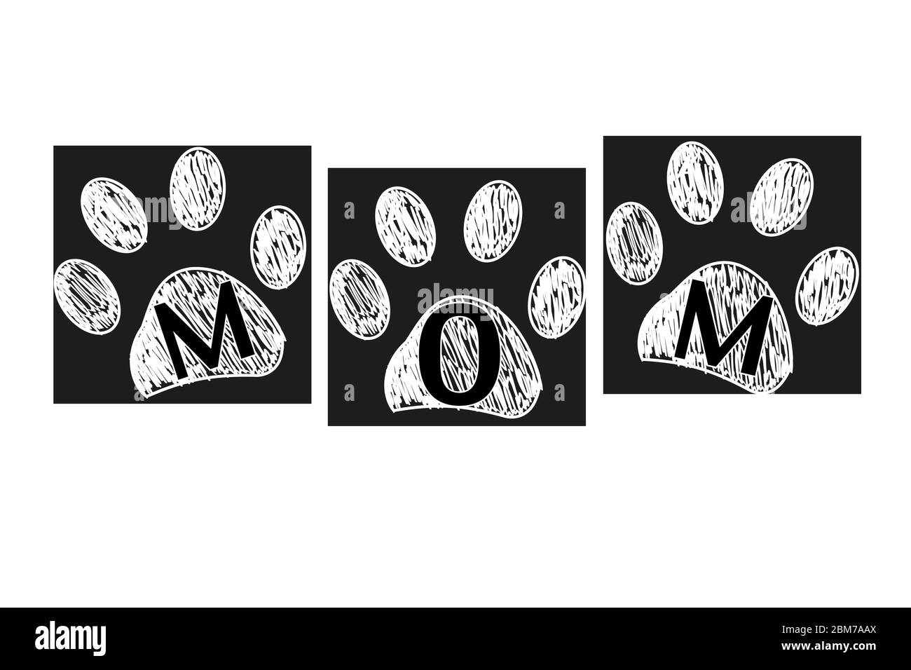 MOM text with paw prints. Happy Mother's Day black white greeting card ...