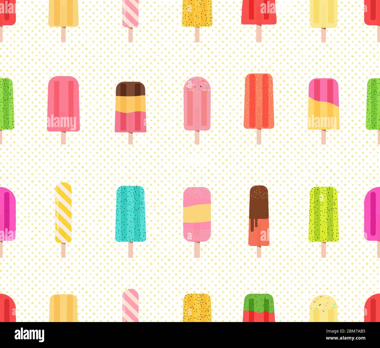Seamless pattern with colorful ice pops on white background with small yellow polka dots. Collection of fruit popsicles. Stock Vector