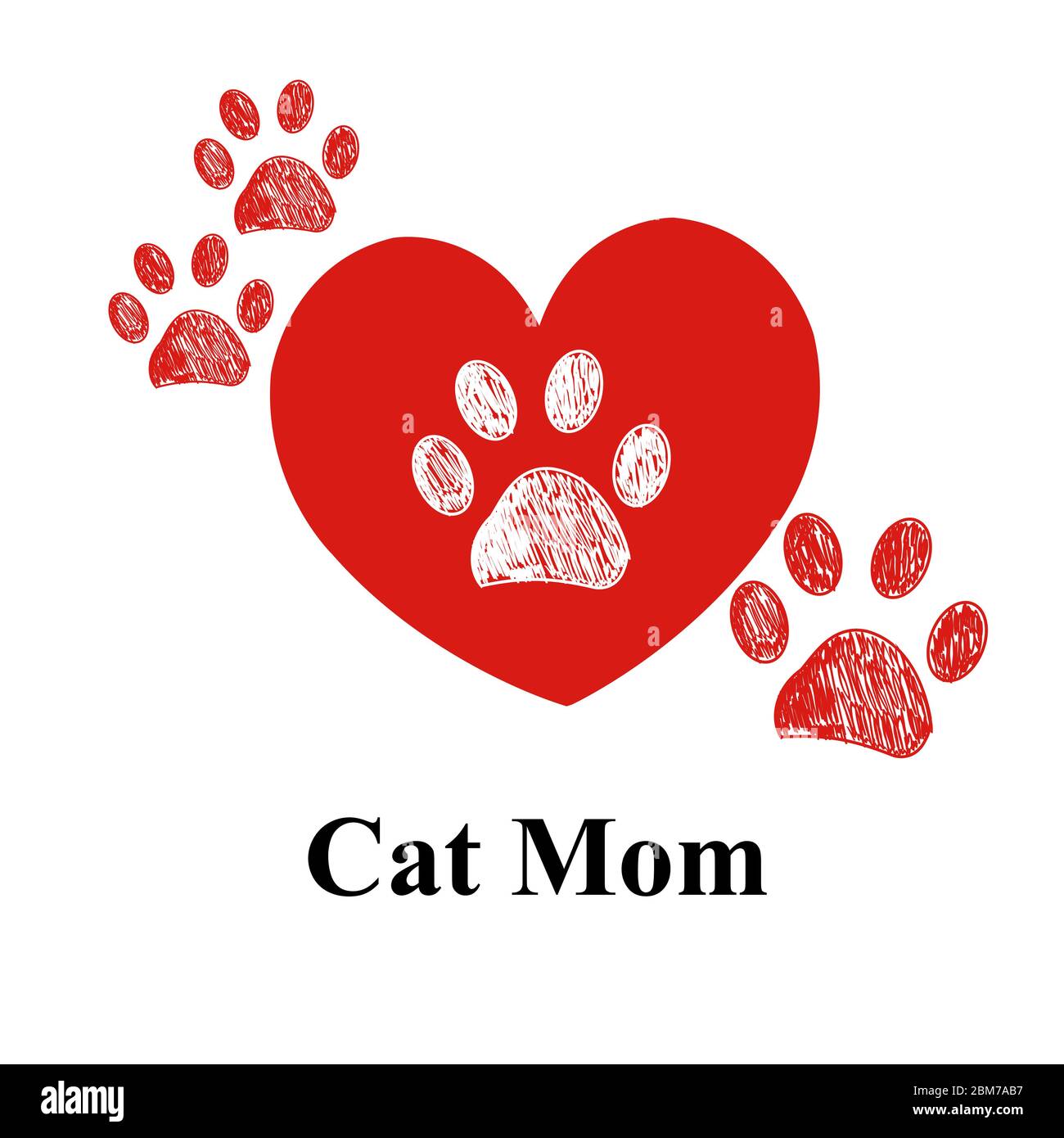 Doodle red paw print. Cat Mom text with heart. Happy Mother's Day ...