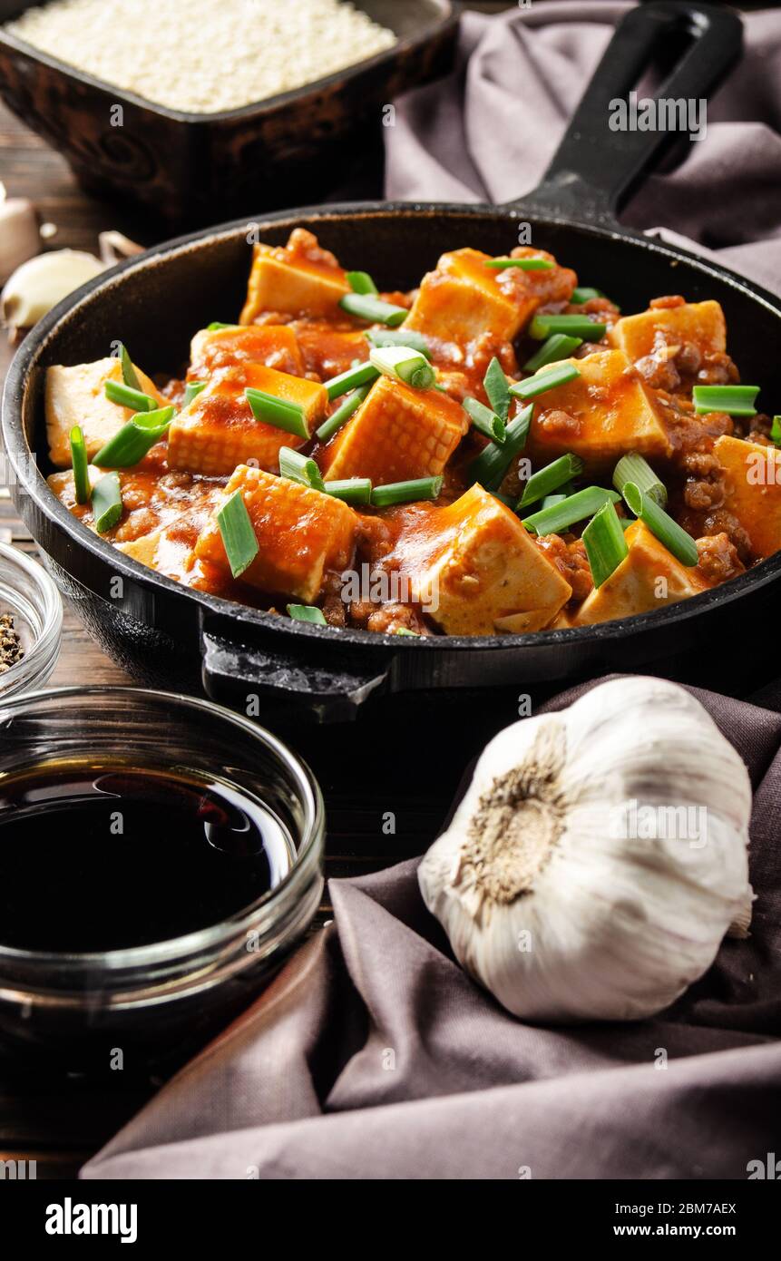 Mapo tofu dish with pork chives soy sauce garlic and spices closeup in
