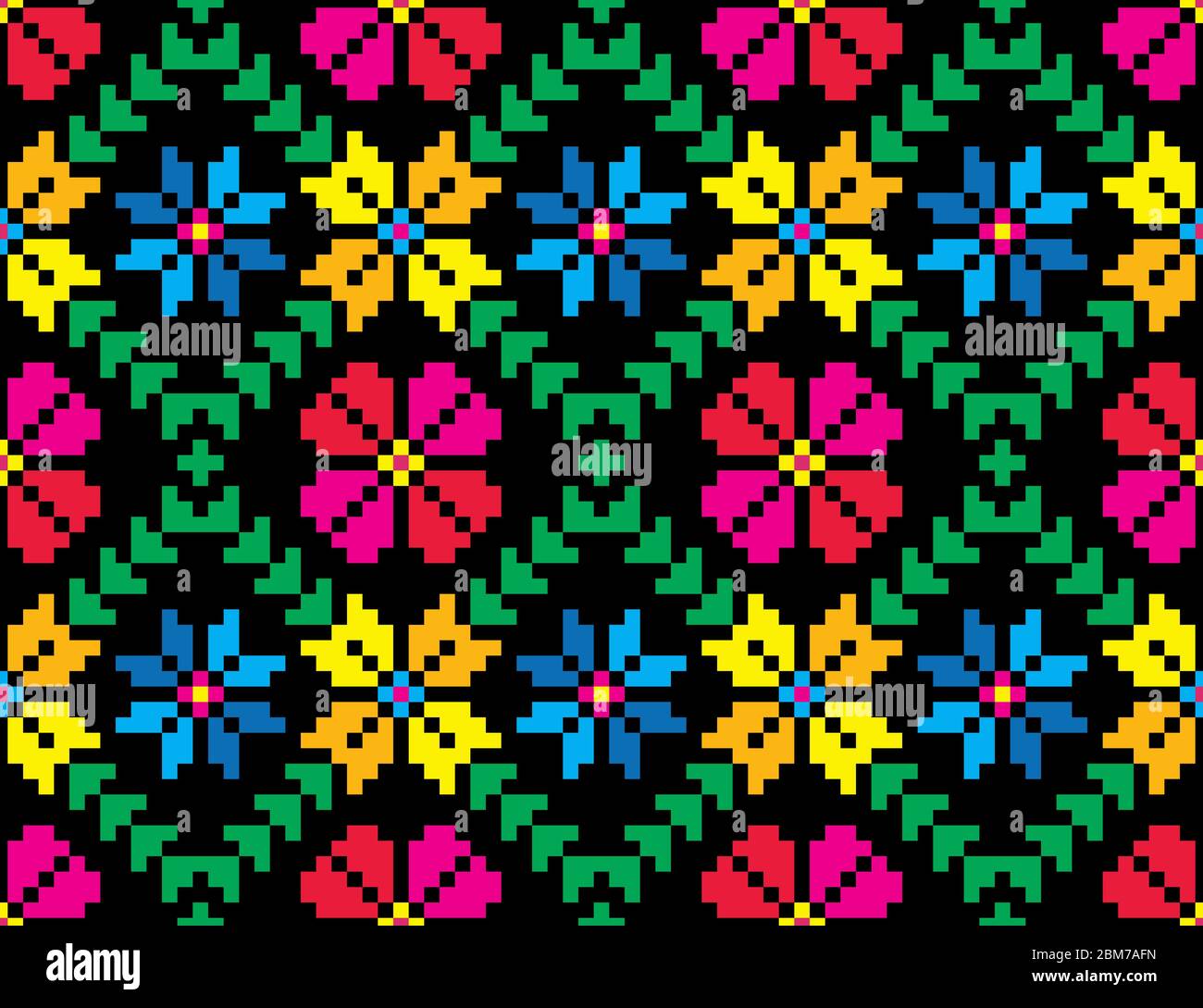 Transylvanian Folk Art seamless repeat pattern design with floral elements on black background. Eastern European traditional embroidery pattern Stock Vector