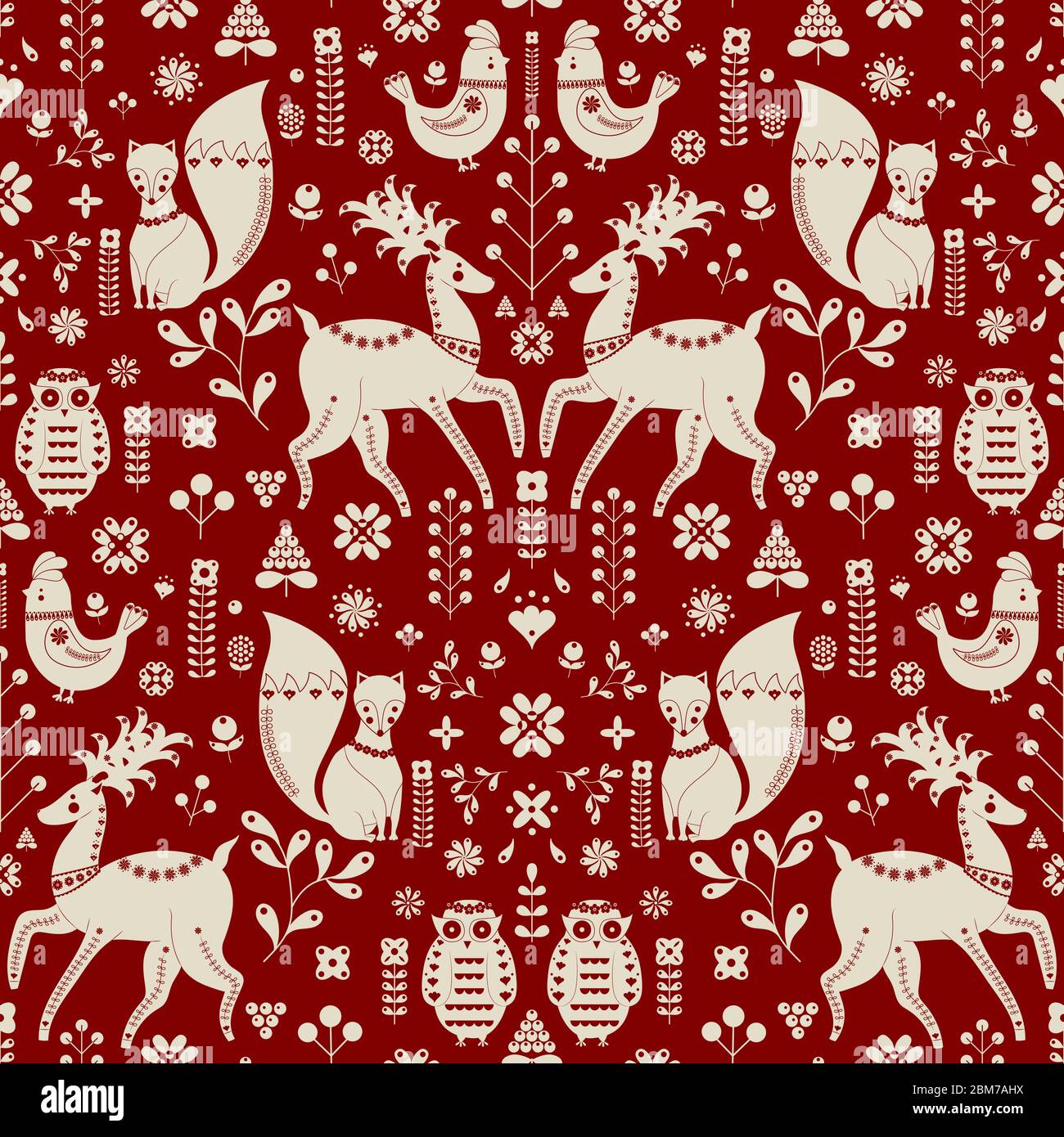 Christmas pattern with Scandinavian Folk inspired motifs on red background in a reflected scallop repeat. Scandinavian Folk Christmas Stock Vector