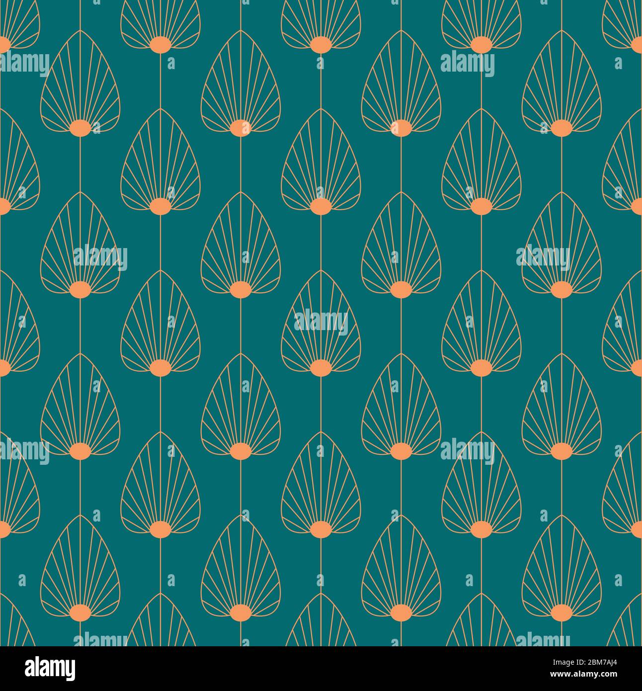 Vintage elegant Art Deco style seamless pattern with copper floral/fan shape motifs on dark green background. Orange and teal colored art deco repeat Stock Vector