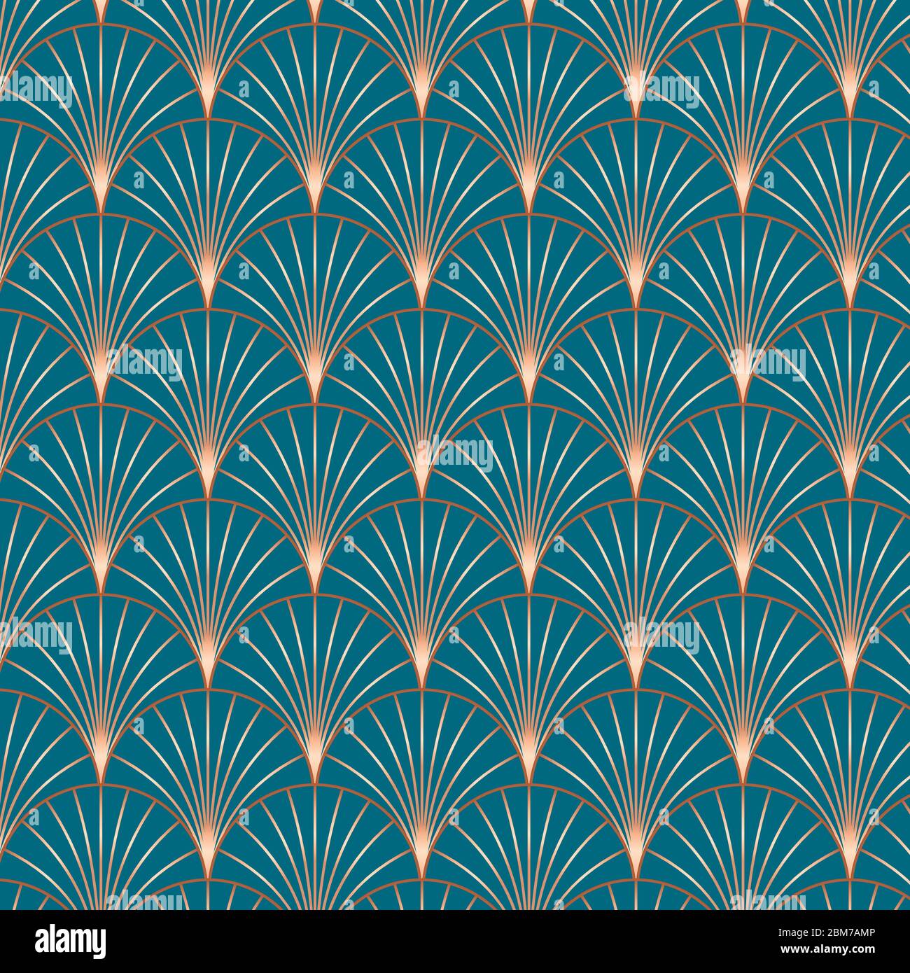 Vintage style elegant Art Deco Seamless Fan Pattern in copper metallic gradient on dark turquoise background. Retro texture vector pattern. Stock Vector