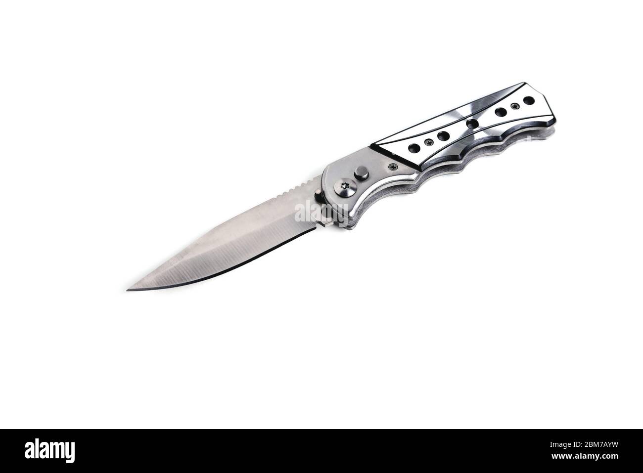 silver folding knife on a white background close-up Stock Photo