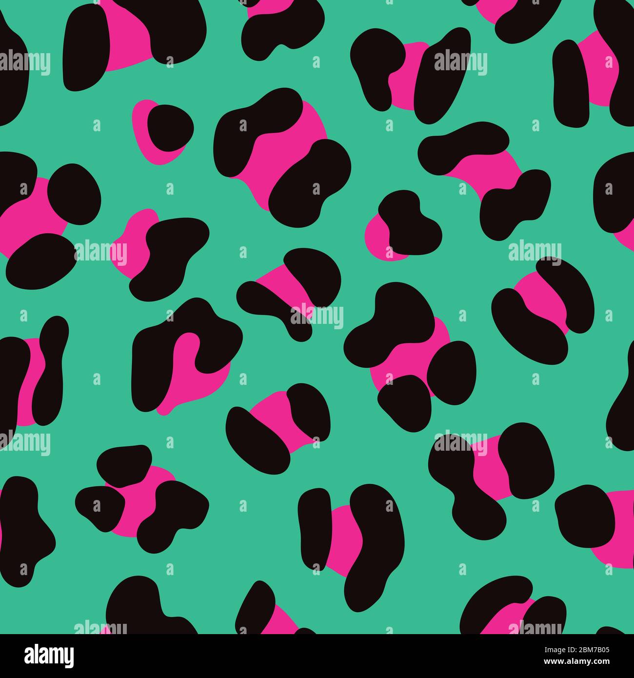 Seamless Faux Leopard Skin Pattern with pink spots on green background. Vector illustration animal repeat surface pattern. Eighties/80s style pattern. Stock Vector