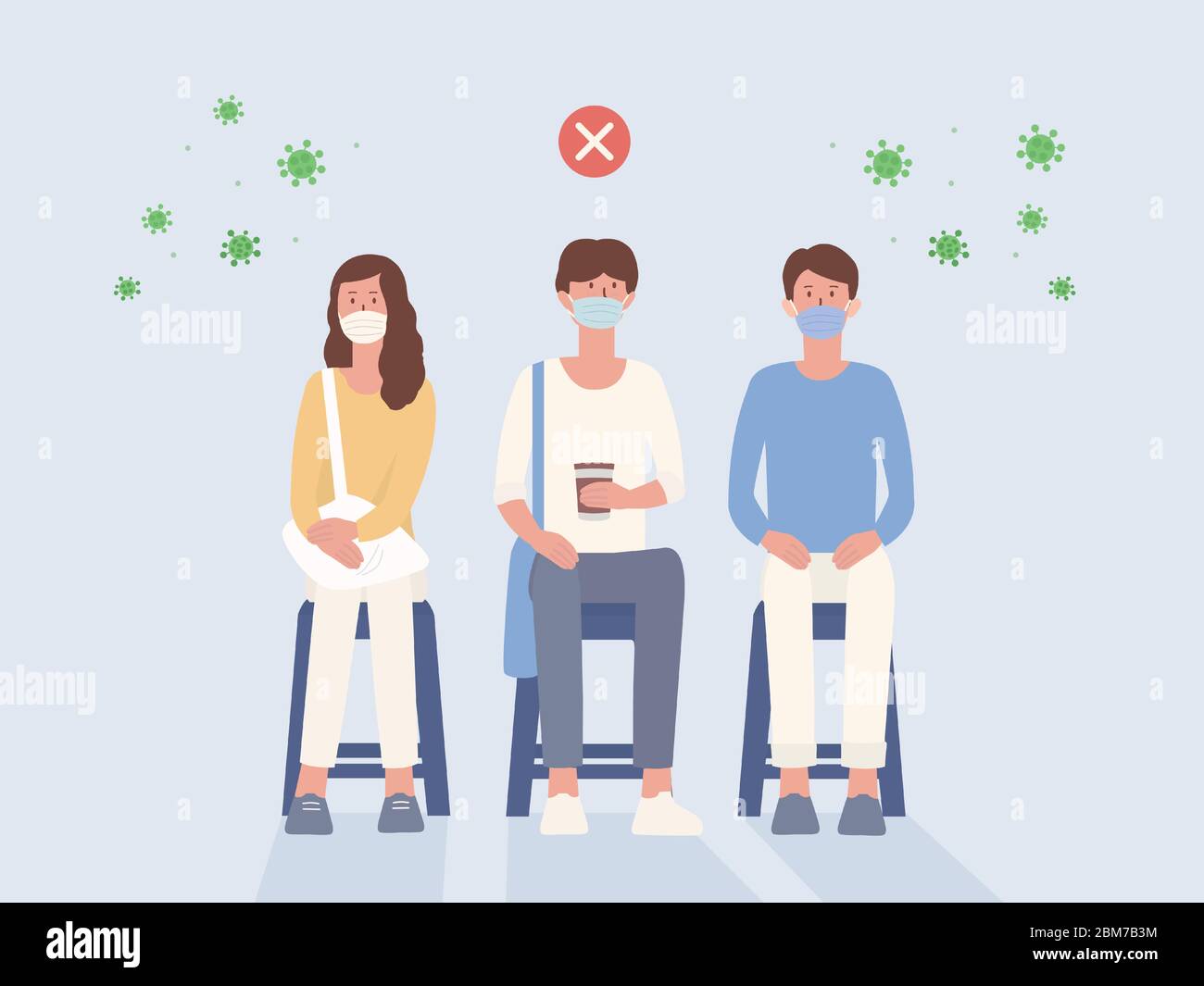 Peoples wear a surgical mask sitting on a chair close to each other that not Social distancing. Illustration about the wrong way to protect your self. Stock Vector