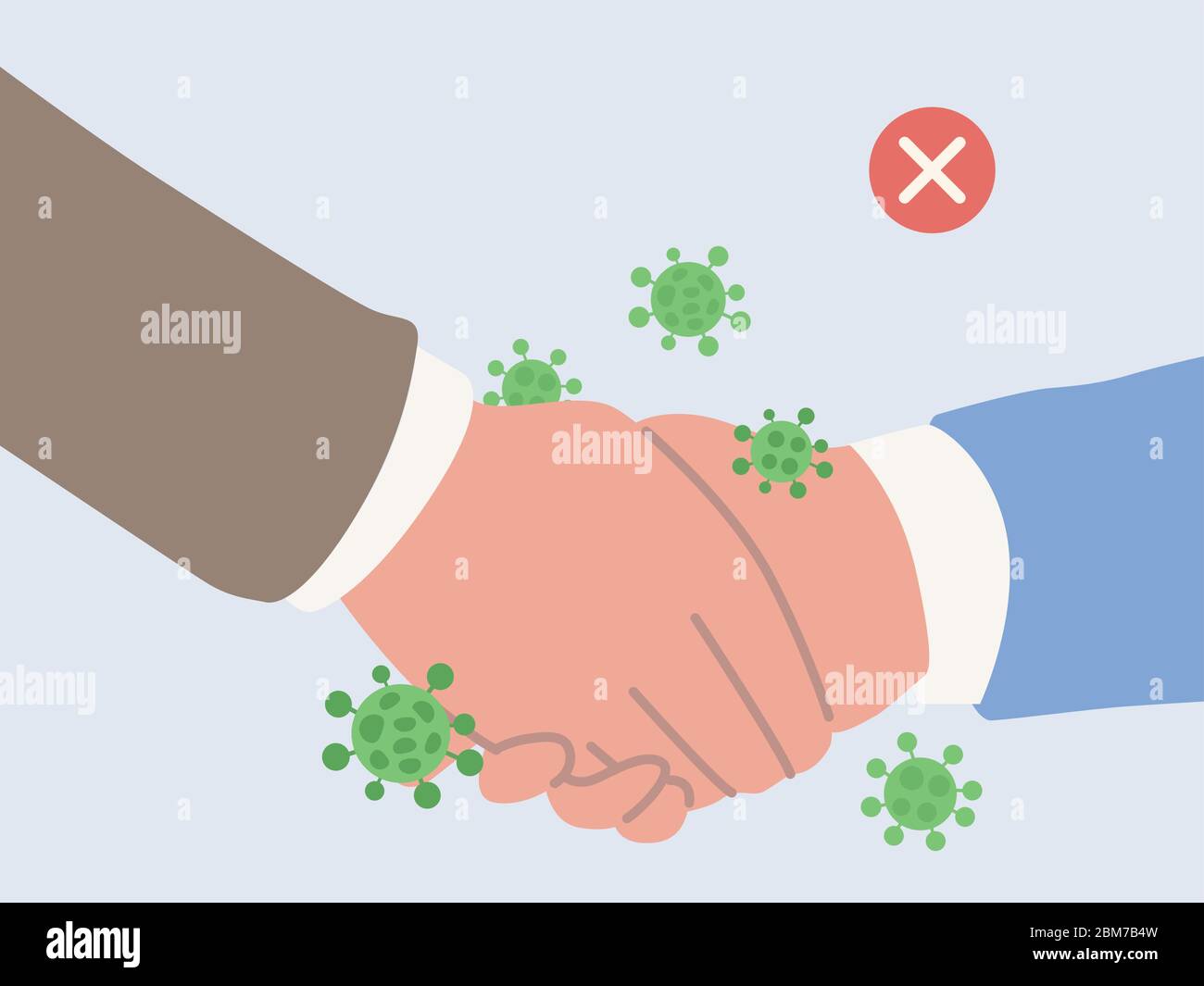 Handshake of 2 people make virus spreading that is wrong way to greet when Covid-19 outbreak. Illustration about physical distancing for protect virus Stock Vector