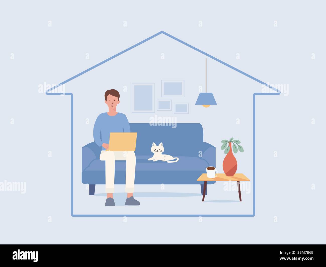 Man working online with a computer laptop on the sofa in the living room of the home, a cat lying near him. Illustration about stay home. Stock Vector