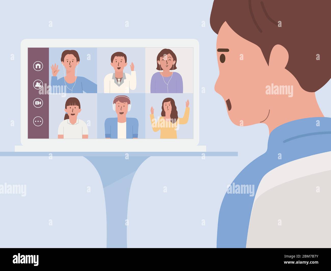 Rear view of Men using a video conference speaking with his team on the laptop screen for a business meeting. Illustration new normal of the world. Stock Vector