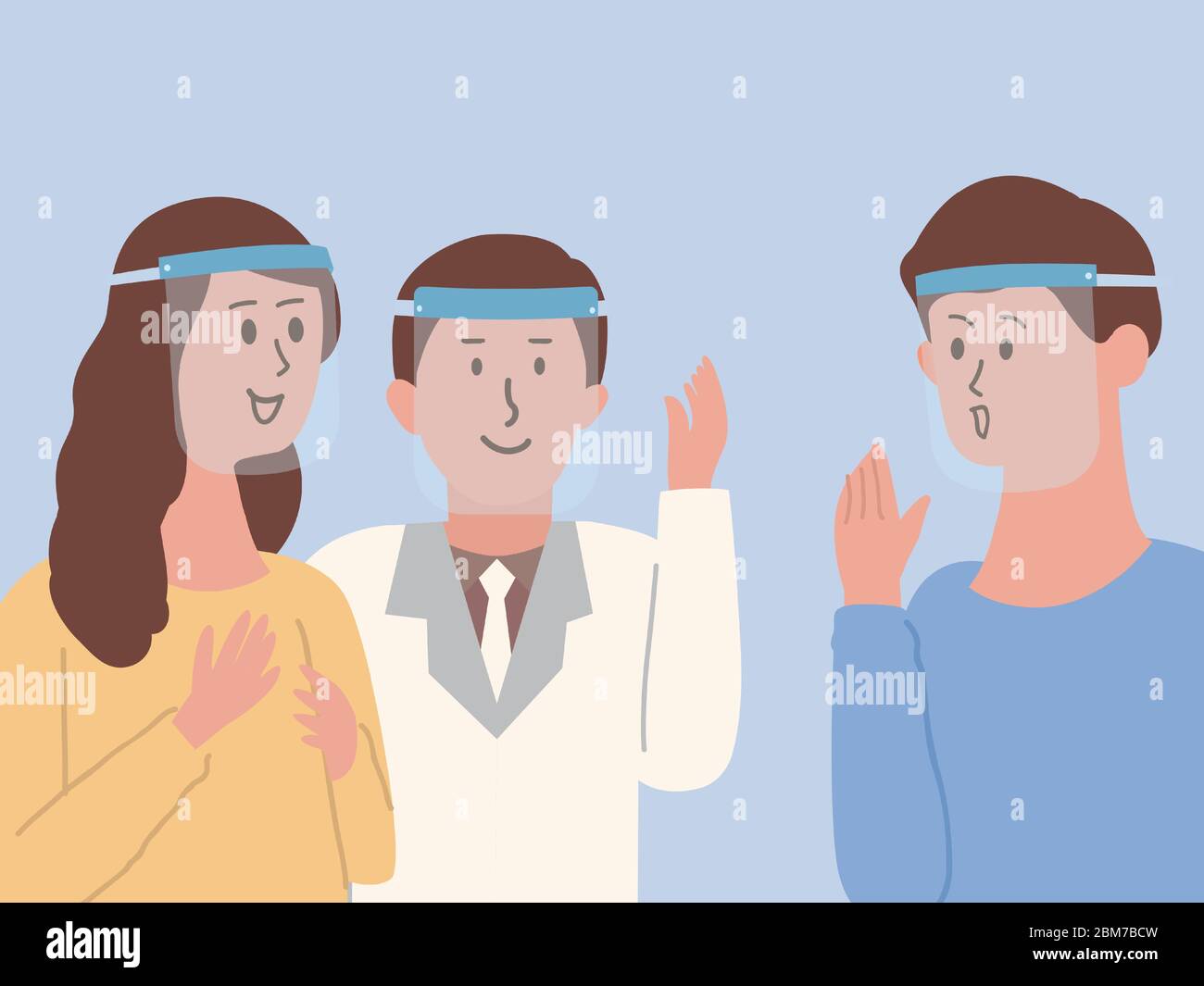 Group of People wearing Plastic face shield to protect virus spread while they talking about business with colleagues. The new normal. Stock Vector