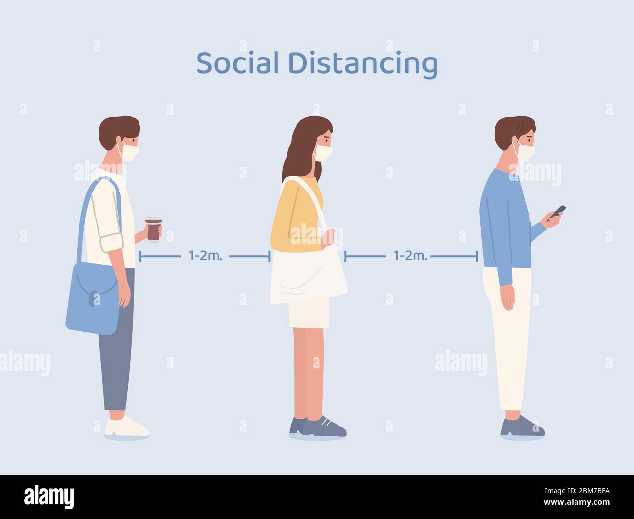 People wearing a mask doing social distancing while standing in queue in a community. Illustration about way to prevent Covid-19 spread. Stock Vector