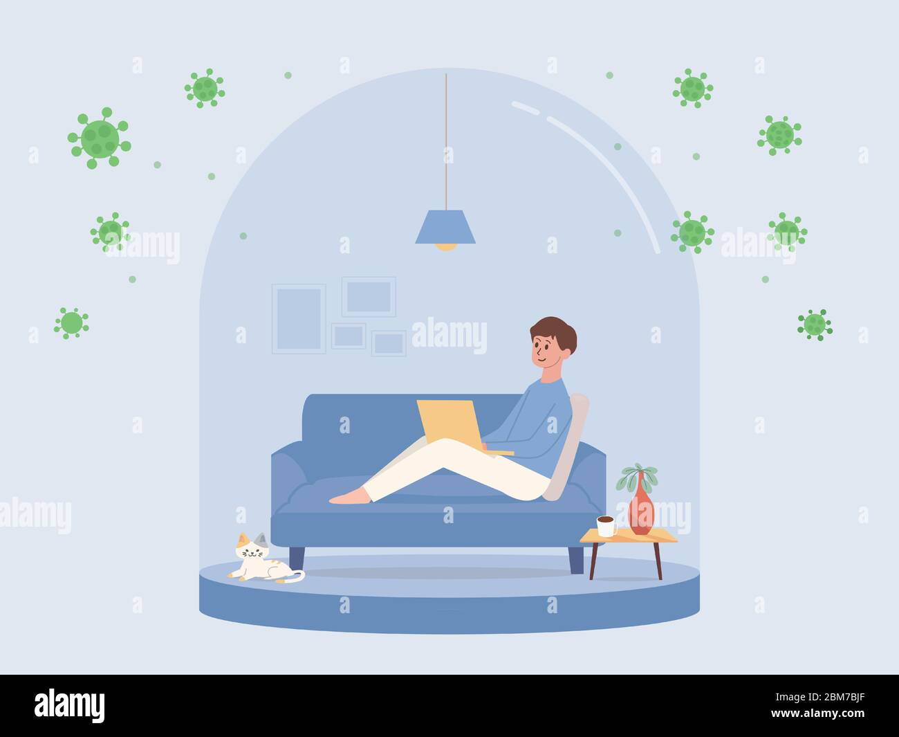 Man sitting on sofa and working with computer in small glass room like a snow ball. Concept Illustration about Stay at Home for protect virus. Stock Vector