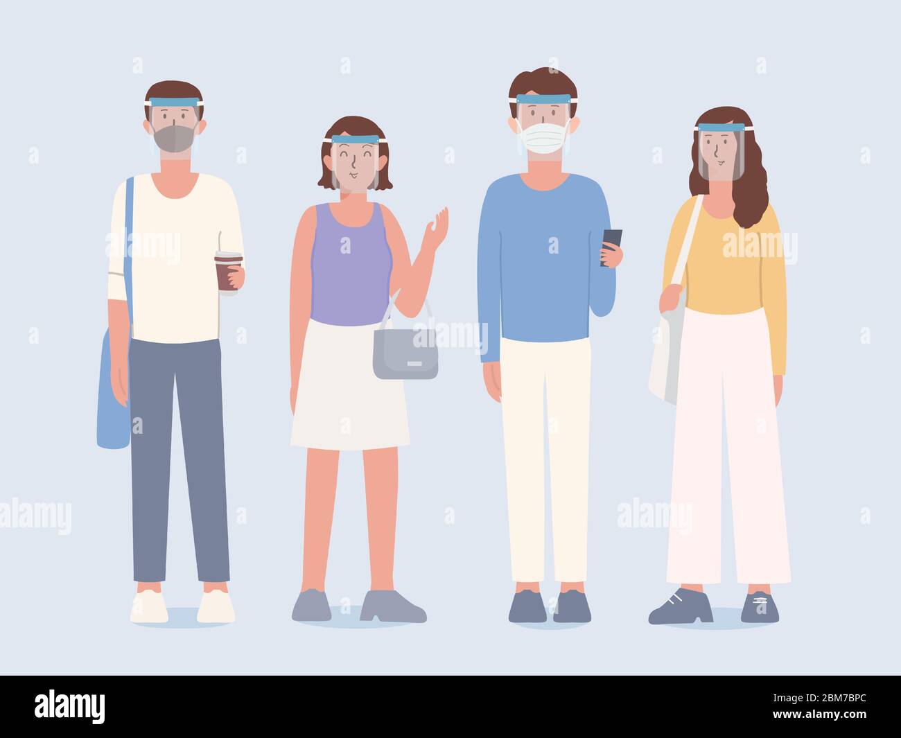Group of People wearing clear Plastic face shield and surgical mask covers the face with clothing in lifestyle that is a New normal of now peoples. Stock Vector