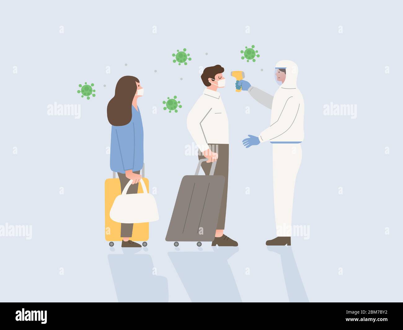 Staff in PPE suit using Infrared Thermometer scan body temperature of traveler while stand in line. Stock Vector