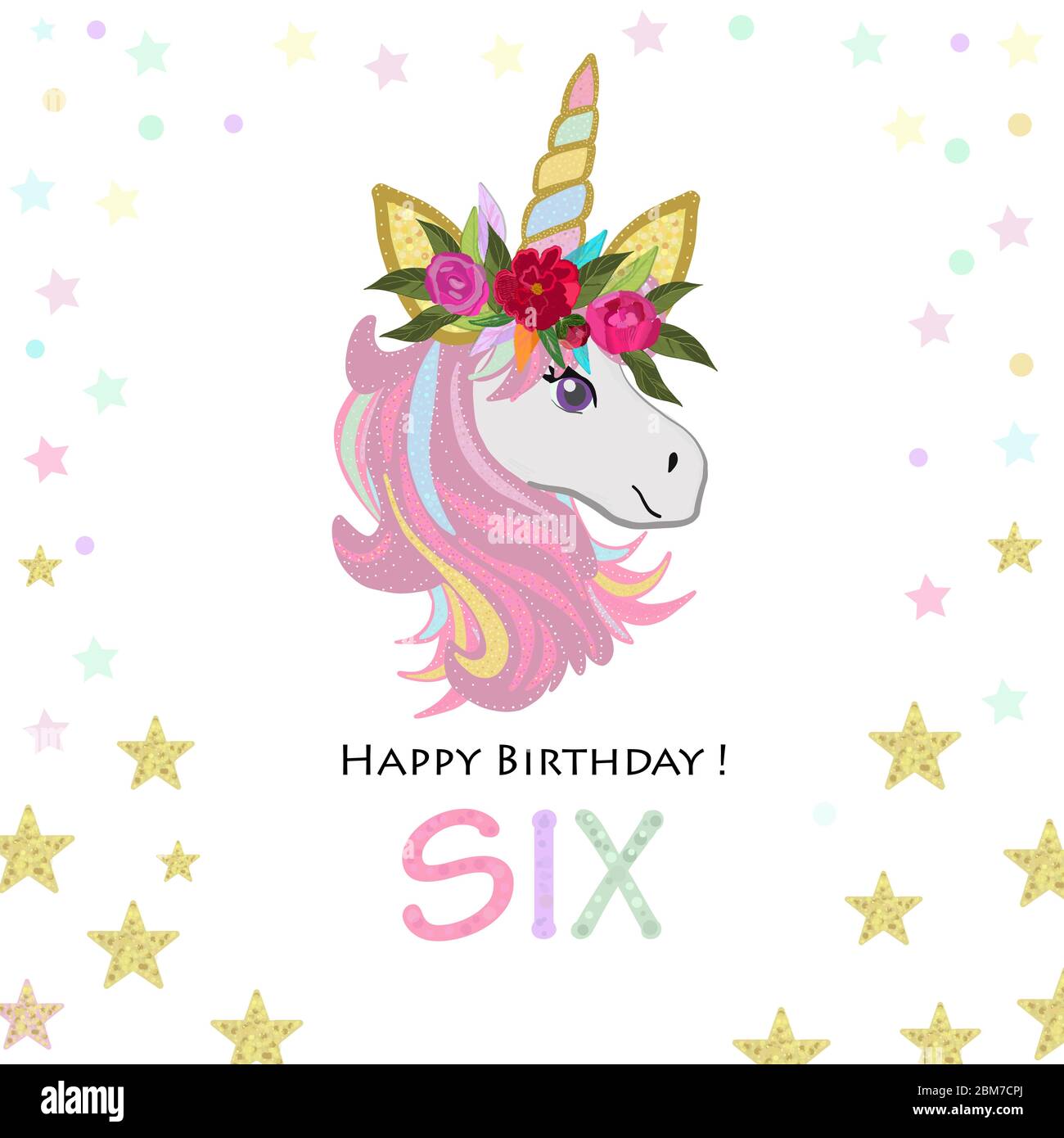 Sixth birthday greeting. Six text. Magical Unicorn Birthday invitation