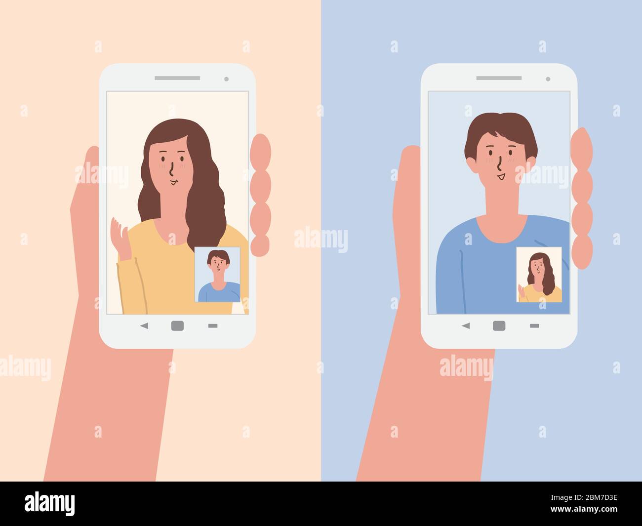 Hand holding a white smartphone to using video calls to say hi. People meet face to face via the internet and camera of mobile phone. Stock Vector