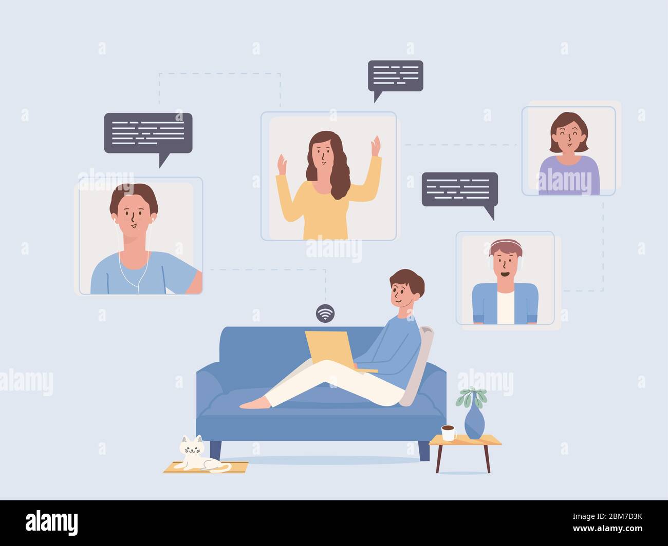 Man relaxing on the sofa and using a video conference with a laptop to contract many people at the same time. Stock Vector