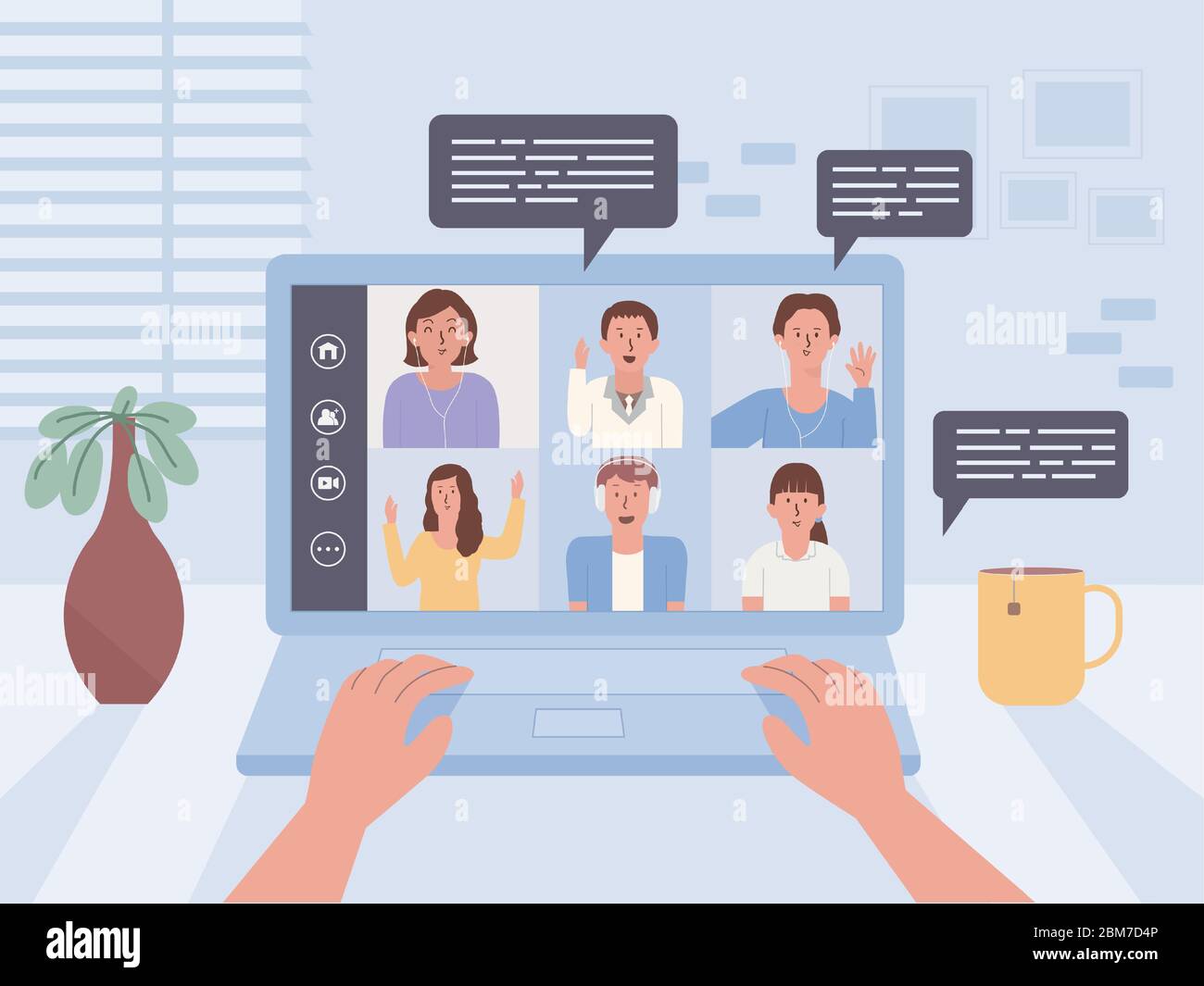 Hand of people using laptop on a table to connect other people in a video conference. Illustration about online meeting with communication technology. Stock Vector