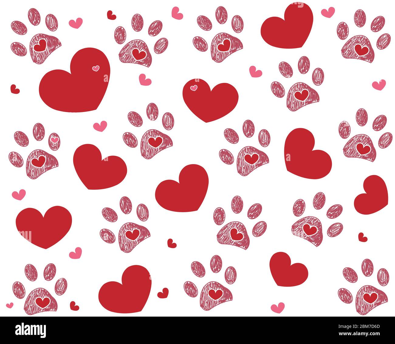 Dog paw print with hearts Happy Valentine's day greeting card and ...