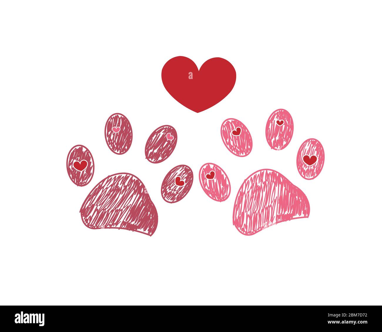 Dog paw print. Valentine's day greeting card with hearts and paw print ...