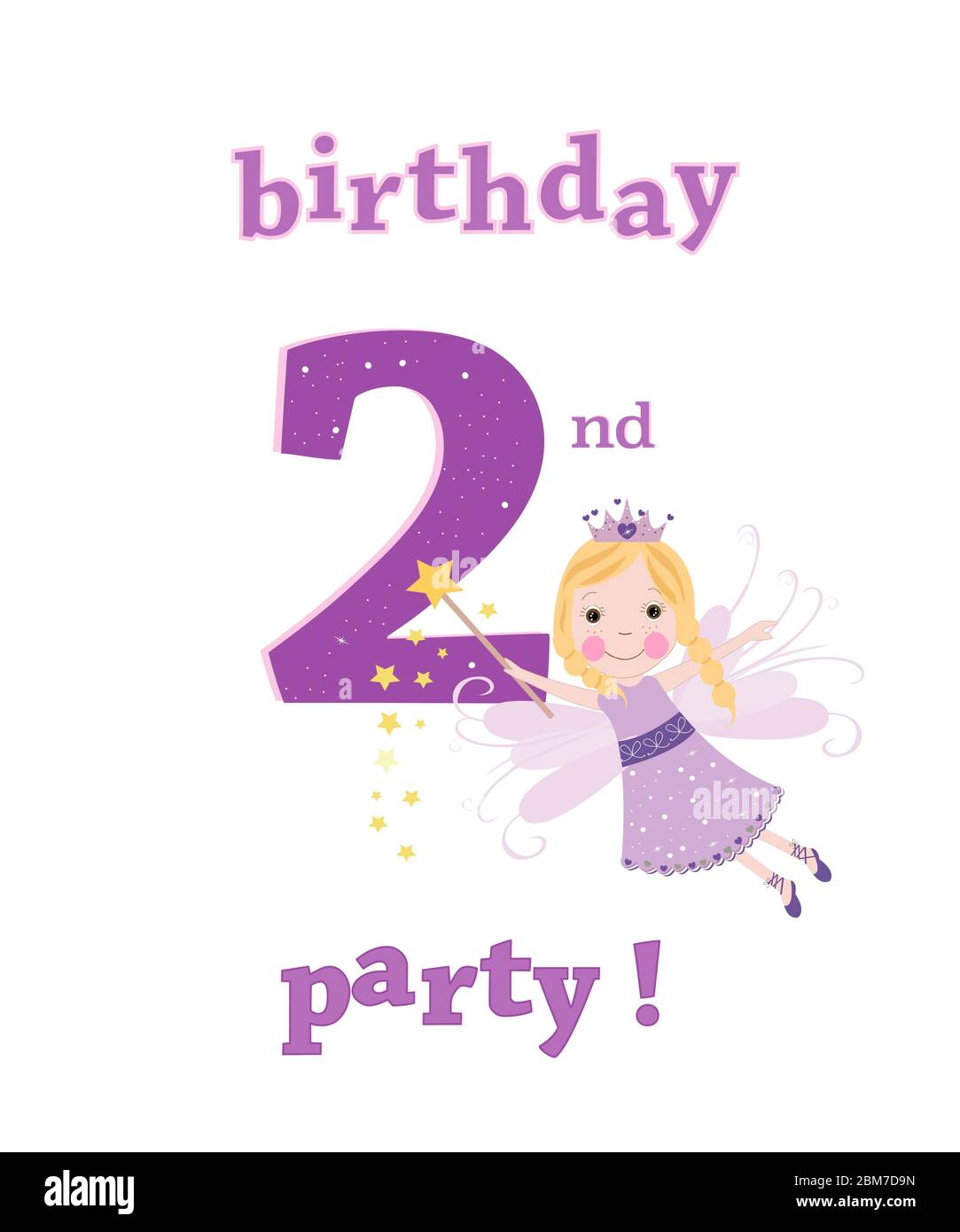 Happy second birthday fairy tale vector. Happy birthday girl greeting card Stock Vector