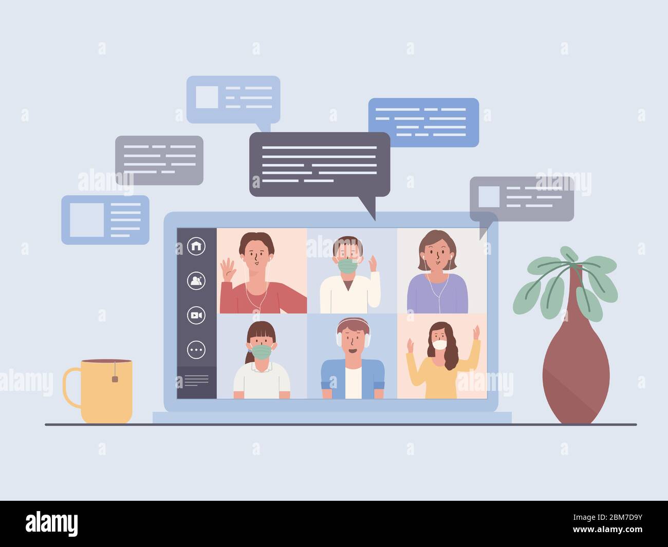 Laptop screen show a video conference of a business team. People Meeting online via the internet. Illustration about the new normal and new behavior o Stock Vector