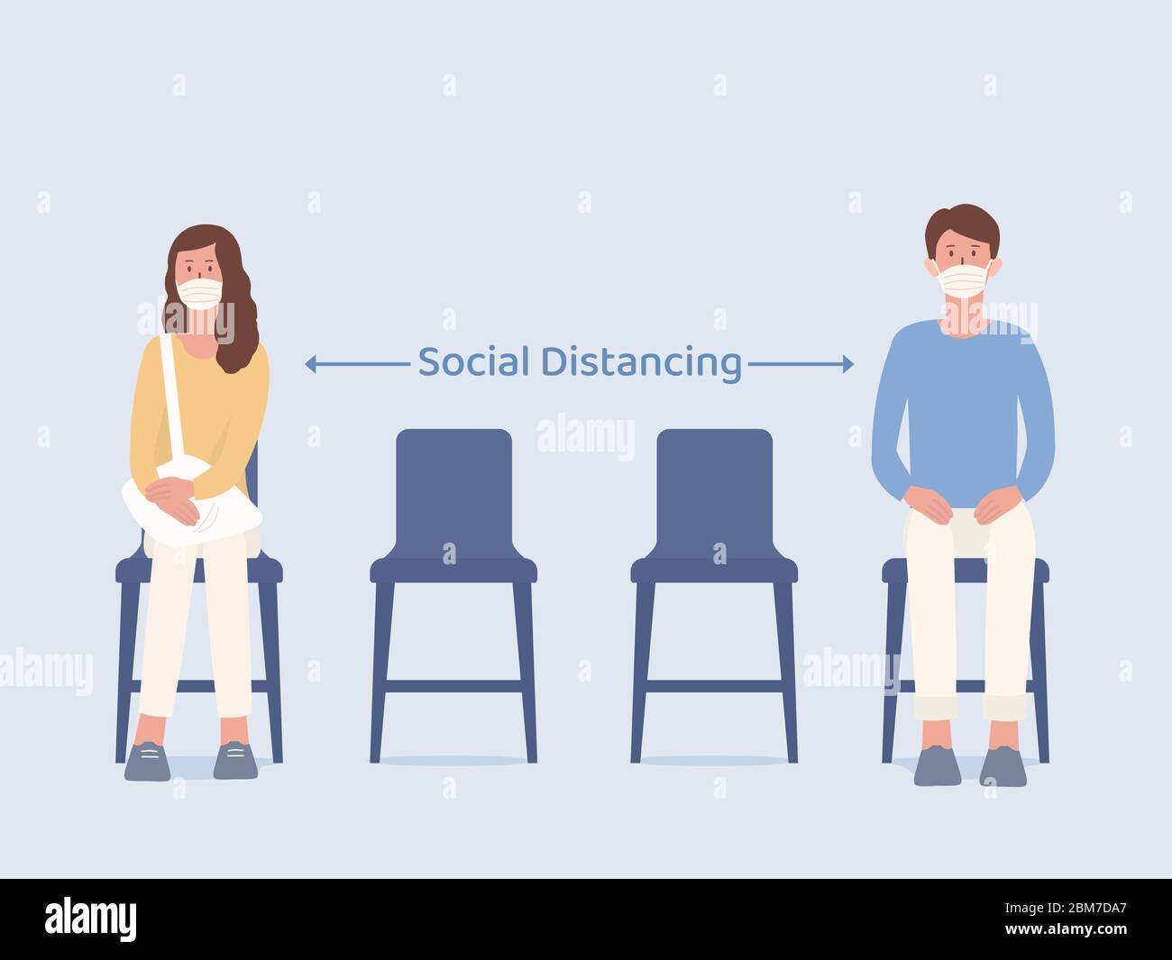Man and Women who wearing a mask sitting on a chair and make blank space for taking social distancing while waiting for something. Stock Vector