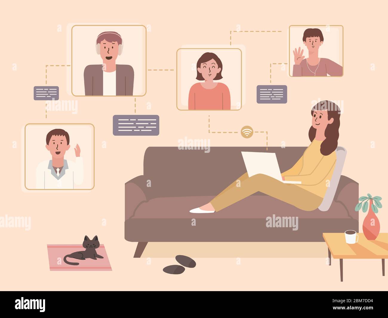 omen using a video conference with a laptop to meeting her business team from home. Illustration new normal of the world. People contract with partner Stock Vector