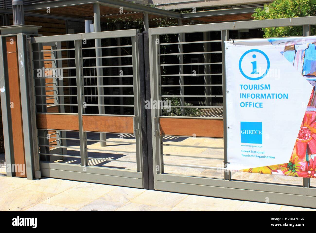 Athens, Greece, May 6 2020 - Closed tourism information office during the Coronavirus lockdown. Stock Photo
