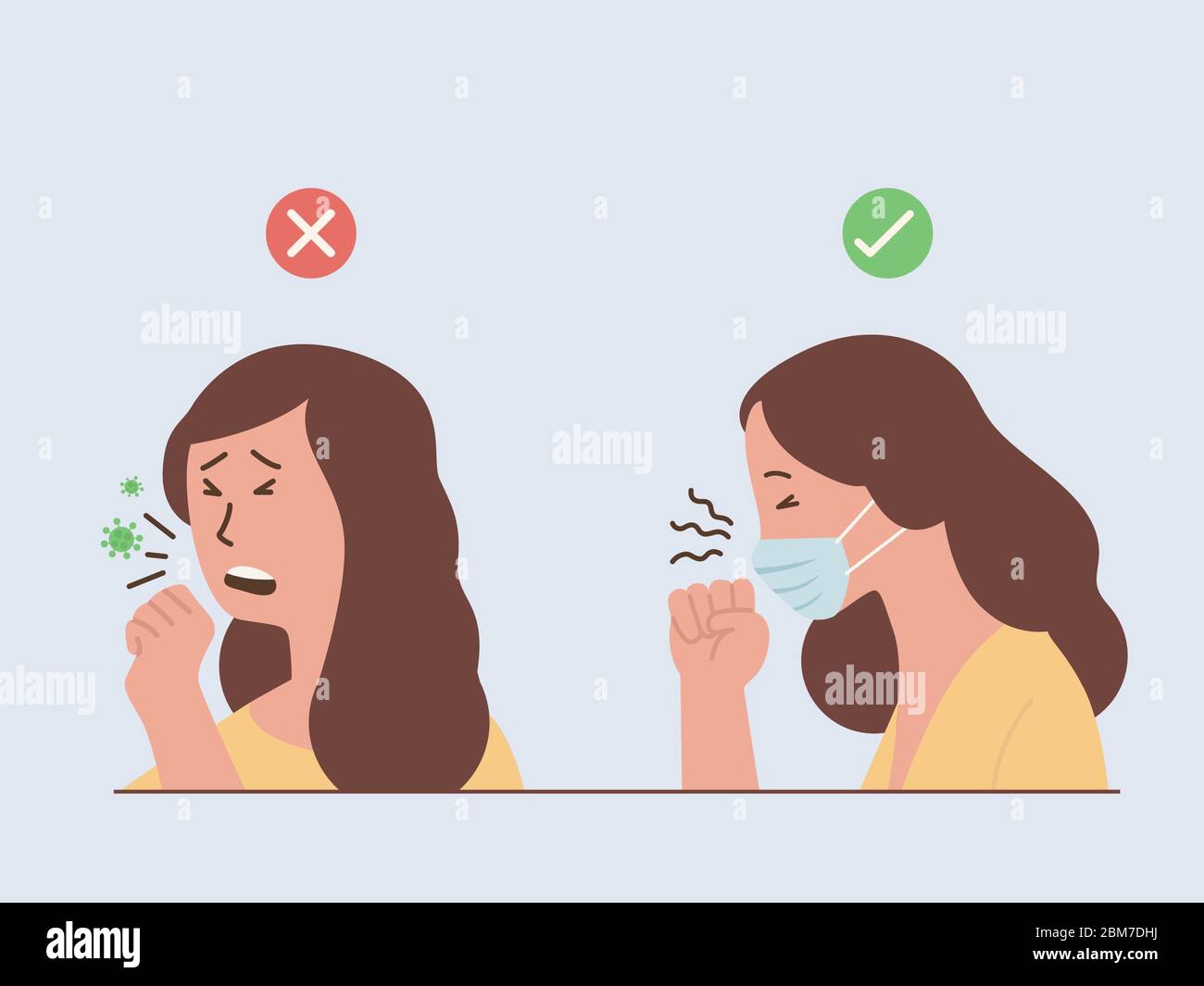 Woman coughing and Sneezing make a virus spreading and Woman wearing a surgical mask for stop spread Diseases. Stock Vector