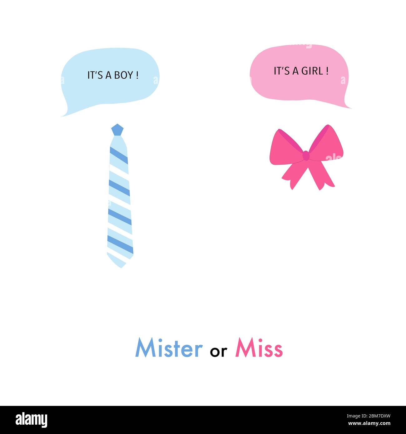 Baby gender reveal. Tie and ribbon. Baby girl and baby boy. Baby shower