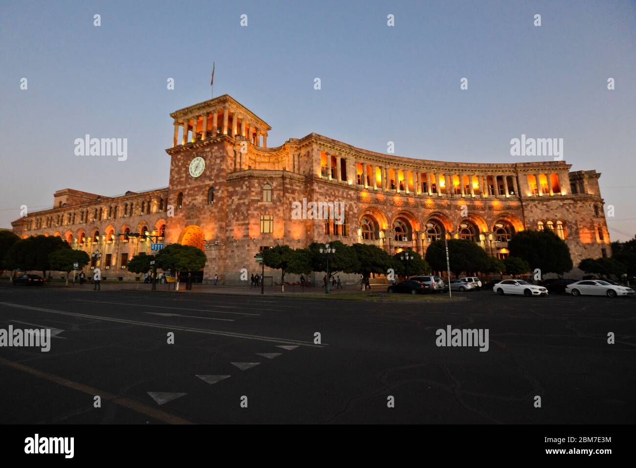 Yerevan: Republic Square, Government of the Republic of Armenia building, at twilight Stock Photo