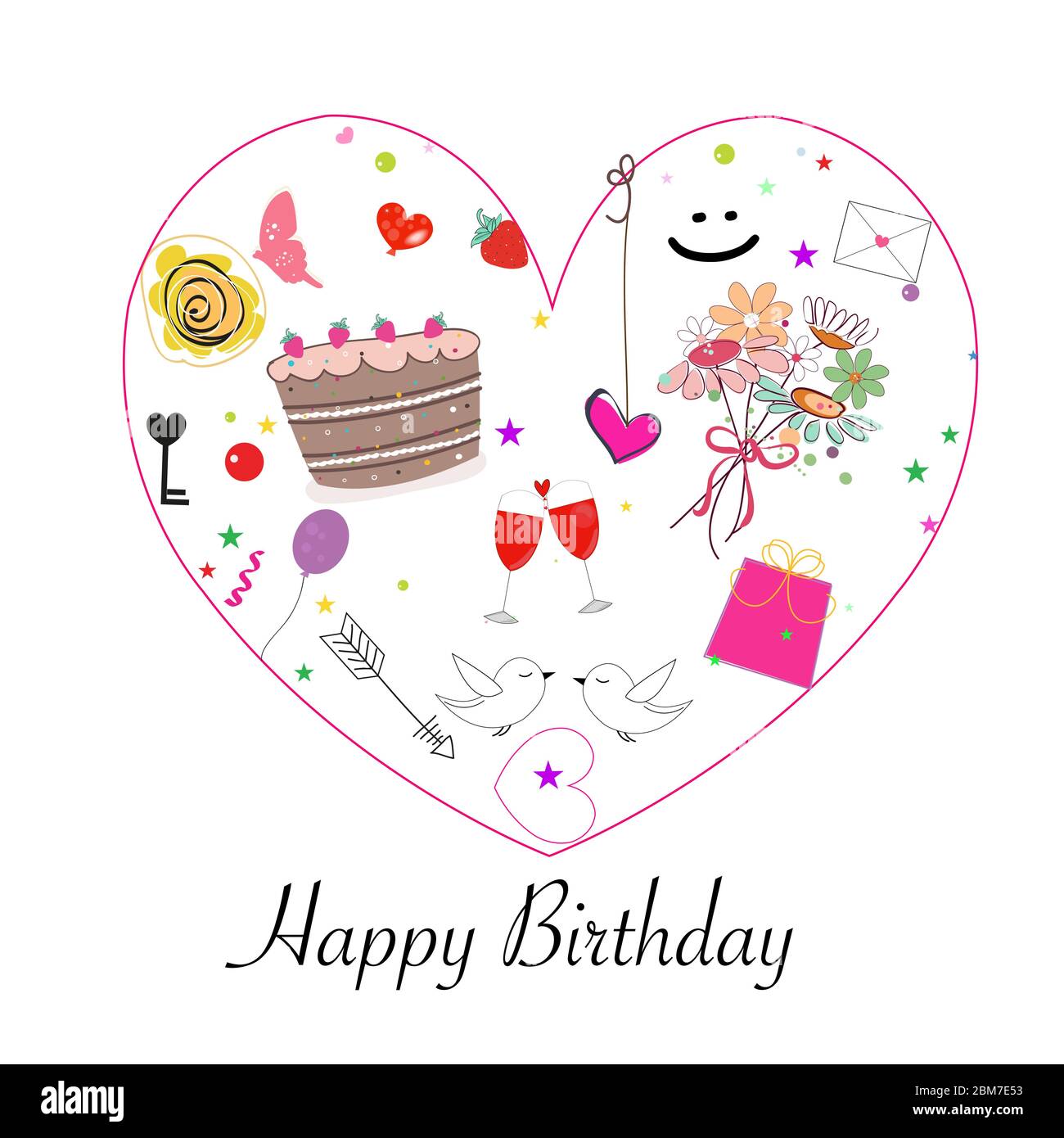 Happy birthday greeting card with cake, flowers, balloon, love ...