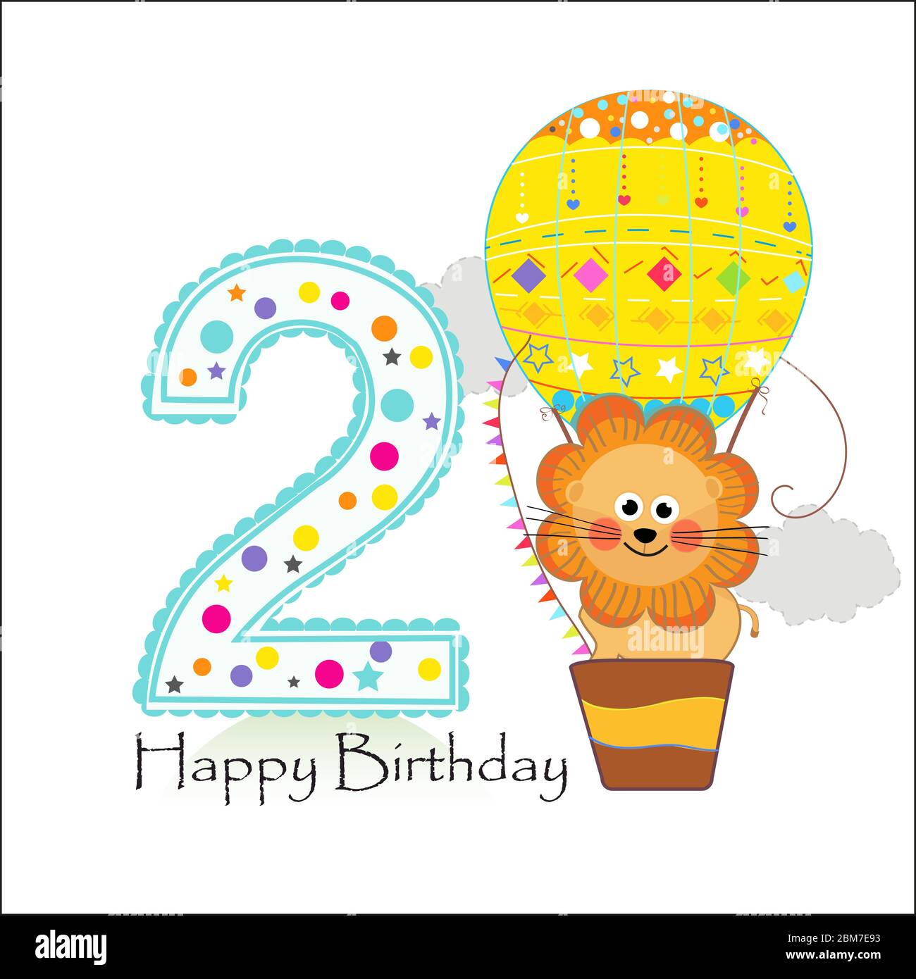 Second birthday with hot air balloon and lion. Happy birthday greeting card Stock Vector