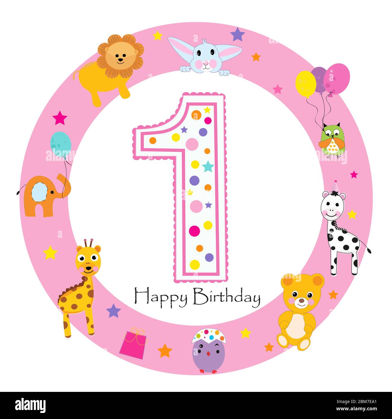 First birthday baby girl greeting card. Happy first birthday candle and ...
