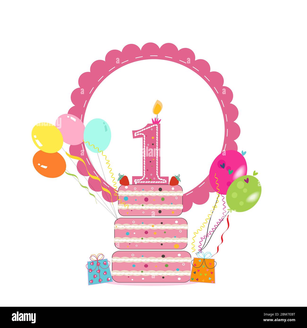 First birthday cake with frame, balloon. Birthday greeting card