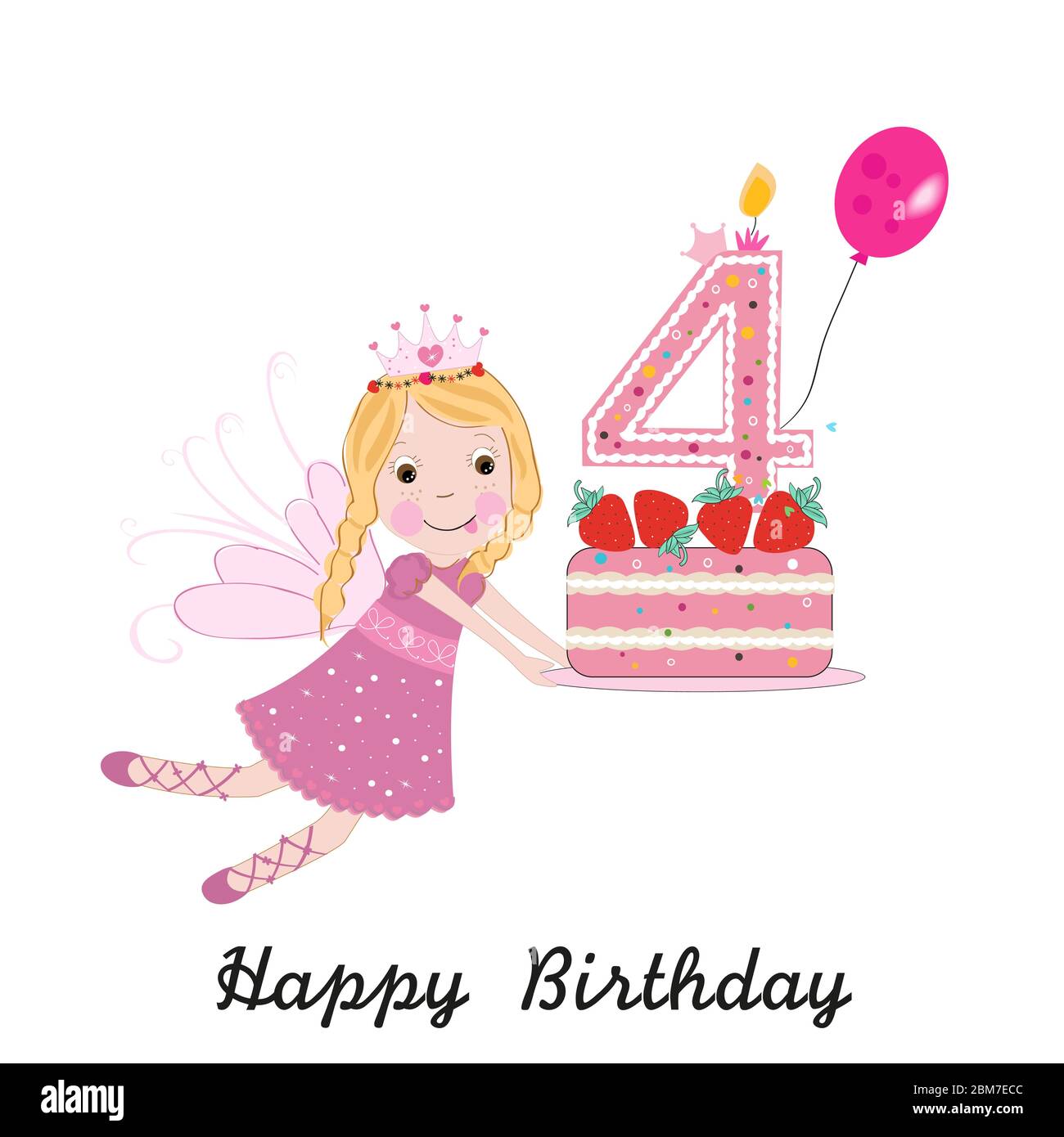 Fourth birthday greeting card. Cute fairy holding cake vector ...