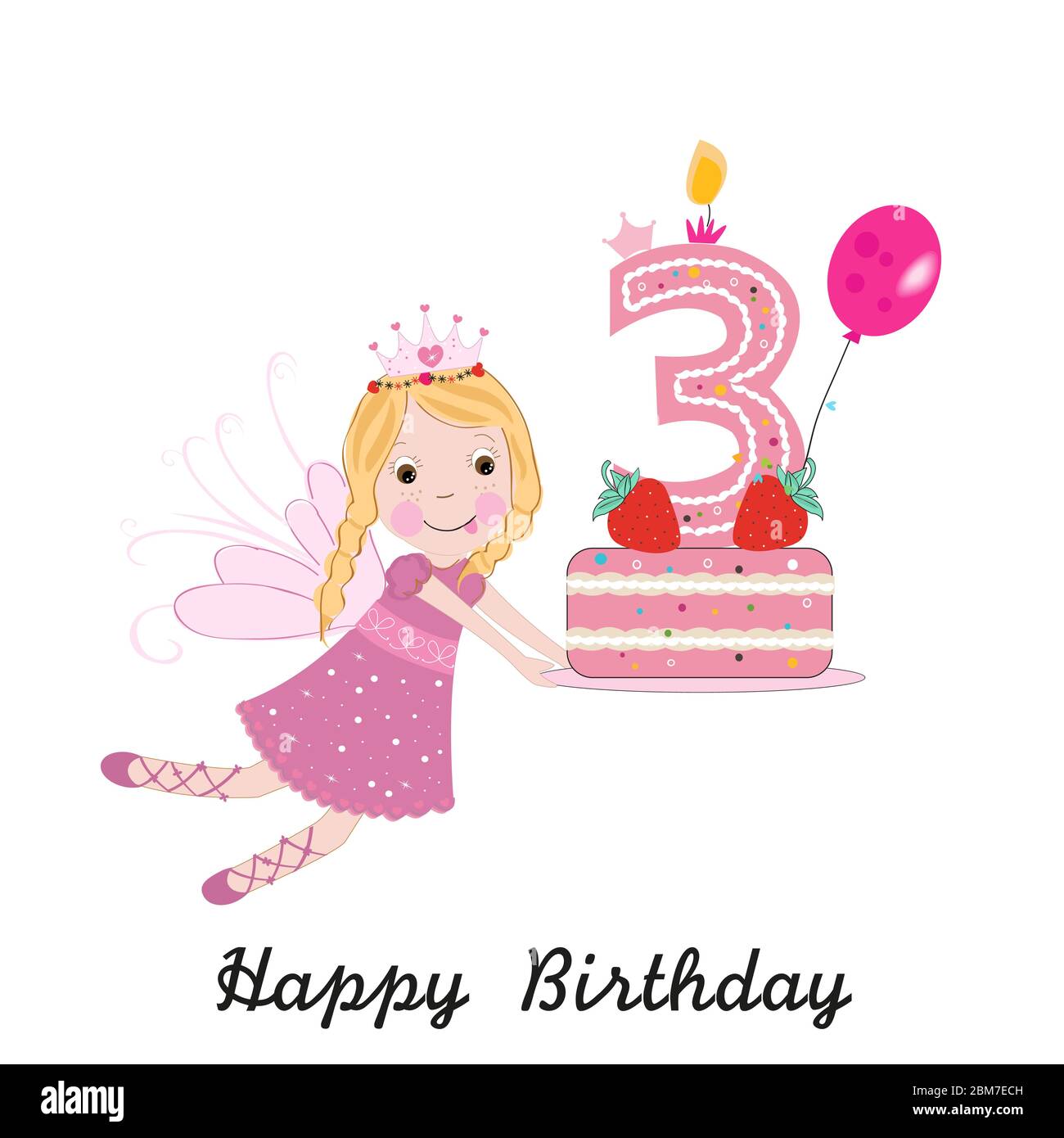 Third birthday greeting card. Cute fairy holding cake vector background