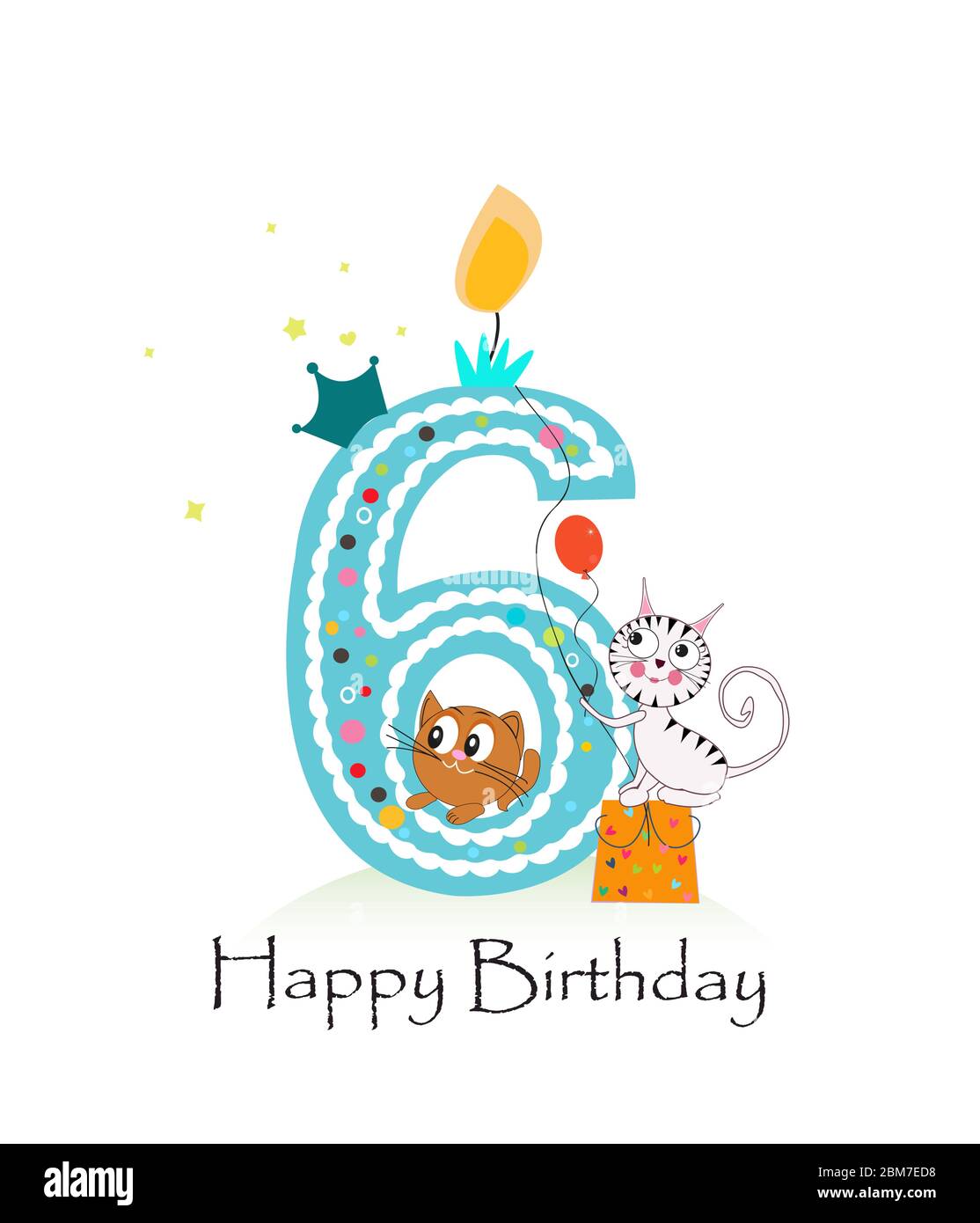 Happy sixth birthday candle with cute cats birthday greeting card Stock Vector