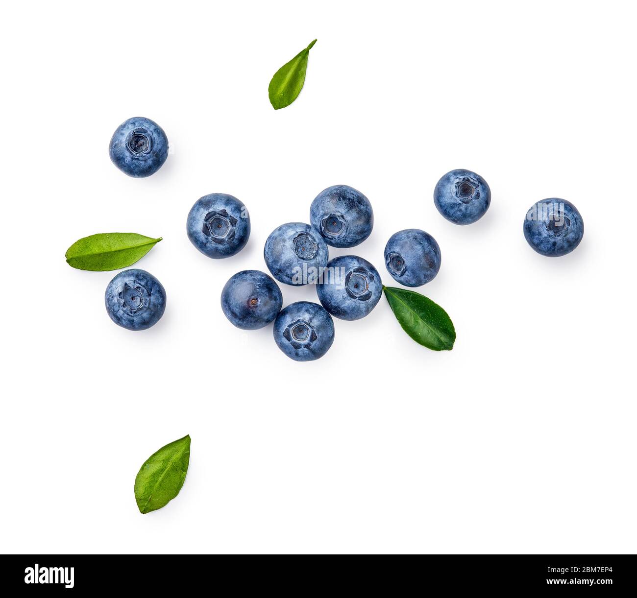 Fresh blueberries with bluberry leaves isolated on white background. Top vew. Stock Photo
