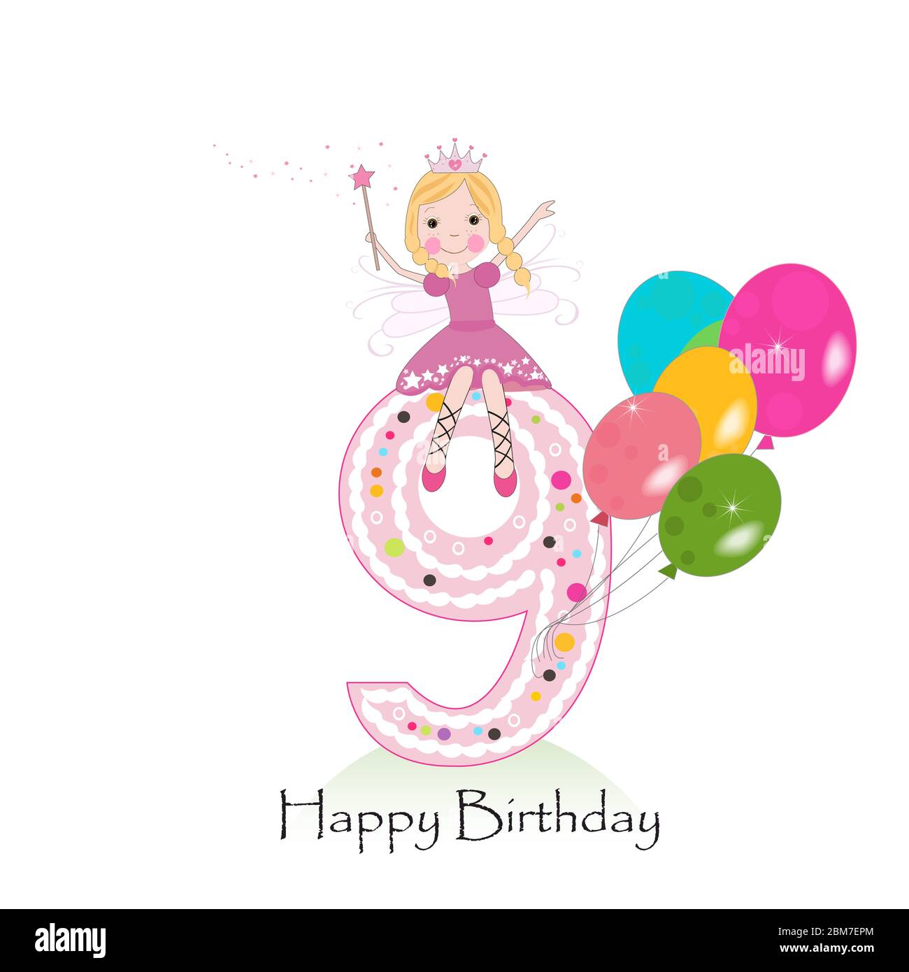Happy ninth birthday greeting card. Cute fairy tale vector illustration ...