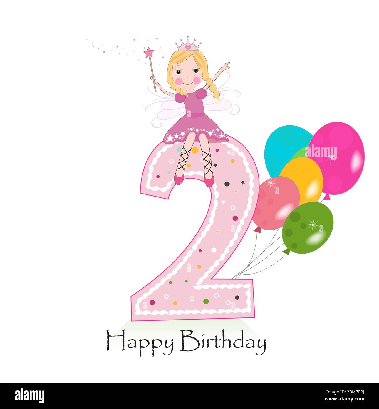 Happy second birthday greeting card. Cute fairy tale vector