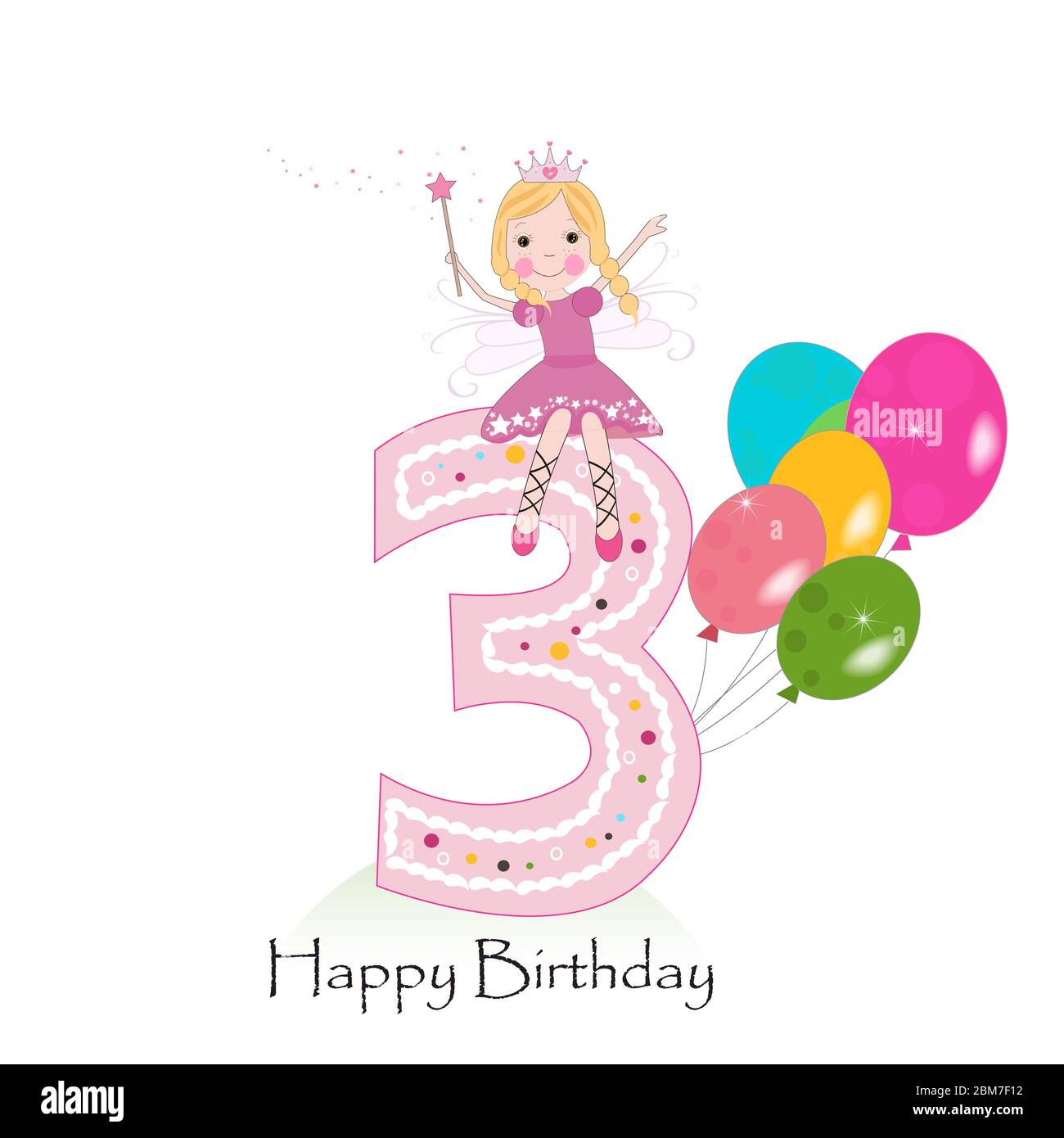 Happy third birthday greeting card. Cute fairy tale vector illustration ...