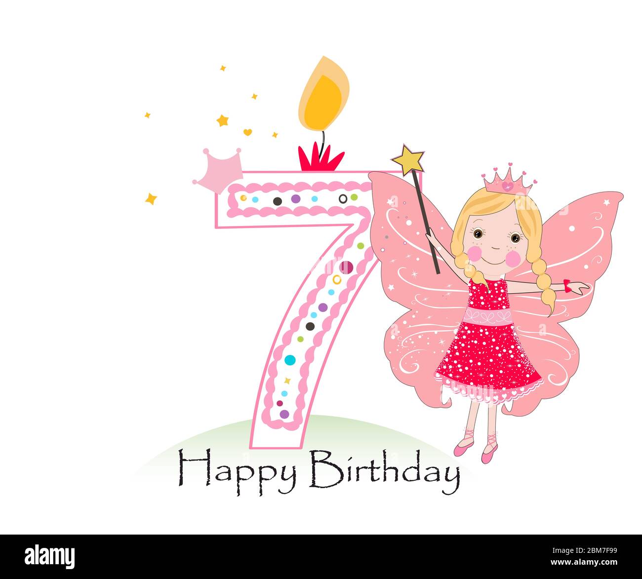 Happy seventh birthday candle. Girl greeting card with cute fairy tale ...