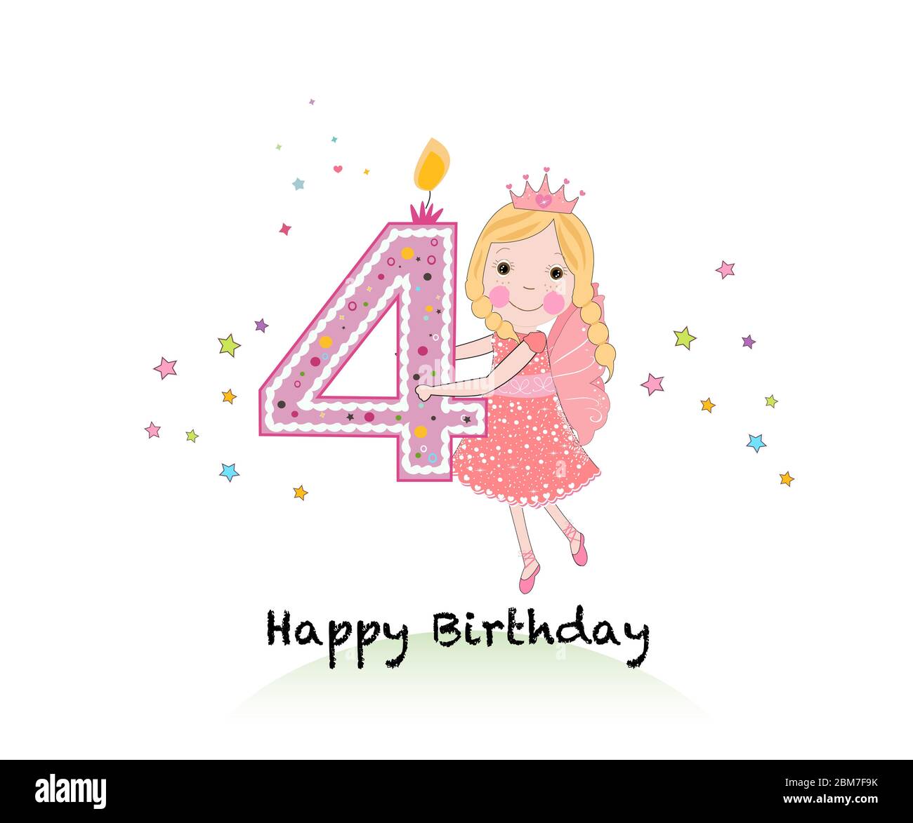 Happy fourth birthday candle. Girl greeting card with cute fairy tale ...