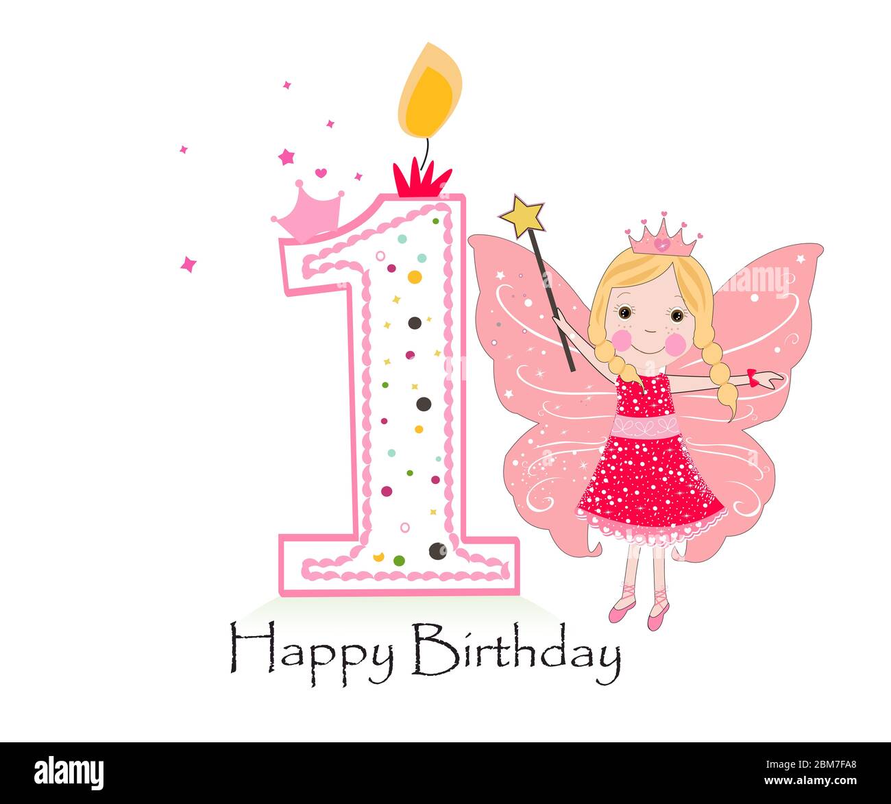 Happy first birthday candle. Girl greeting card with cute fairy tale