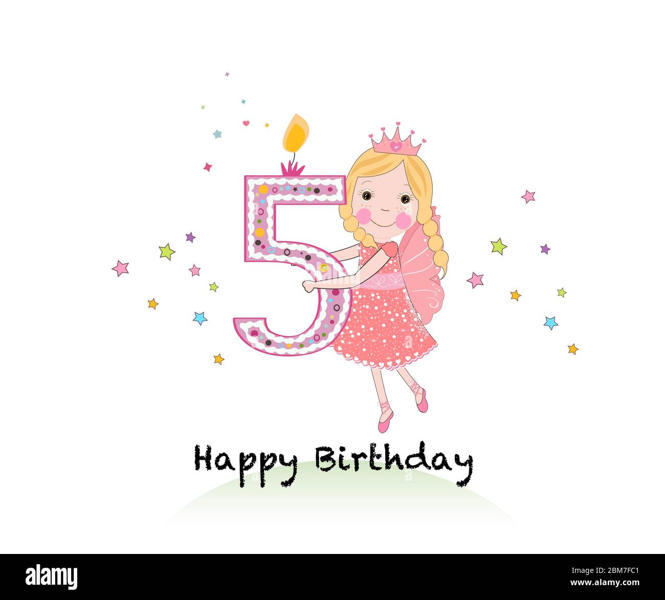 Happy fifth birthday candle. Girl greeting card with cute fairy ...